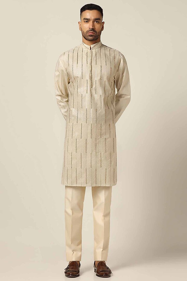 Beige Silk Jacquard Thread Embroidered Wedding Indowestern Set by BRAHAAN at Pernia's Pop Up Shop