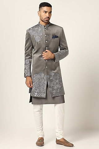 Grey Cotton Velvet Thread Embroidered Indowestern Set by BRAHAAN