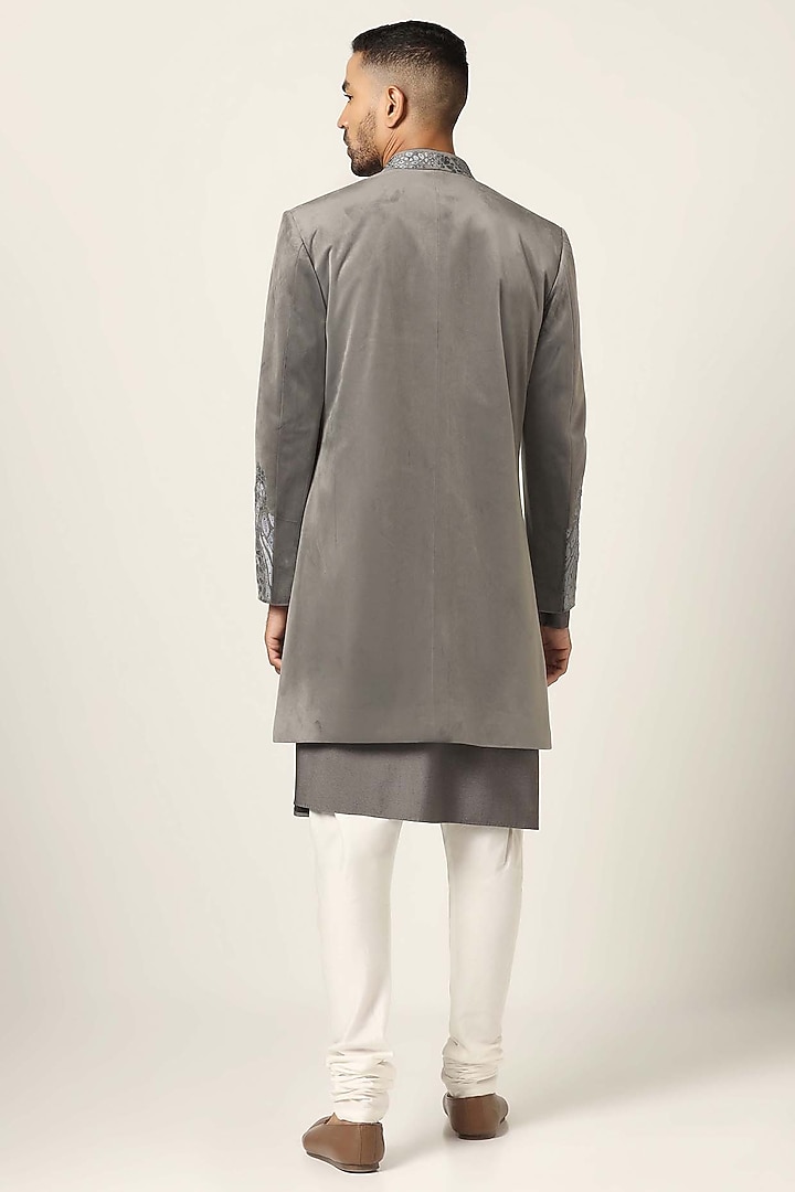 Grey Cotton Velvet Thread Embroidered Wedding Indowestern Set by BRAHAAN at Pernia's Pop Up Shop