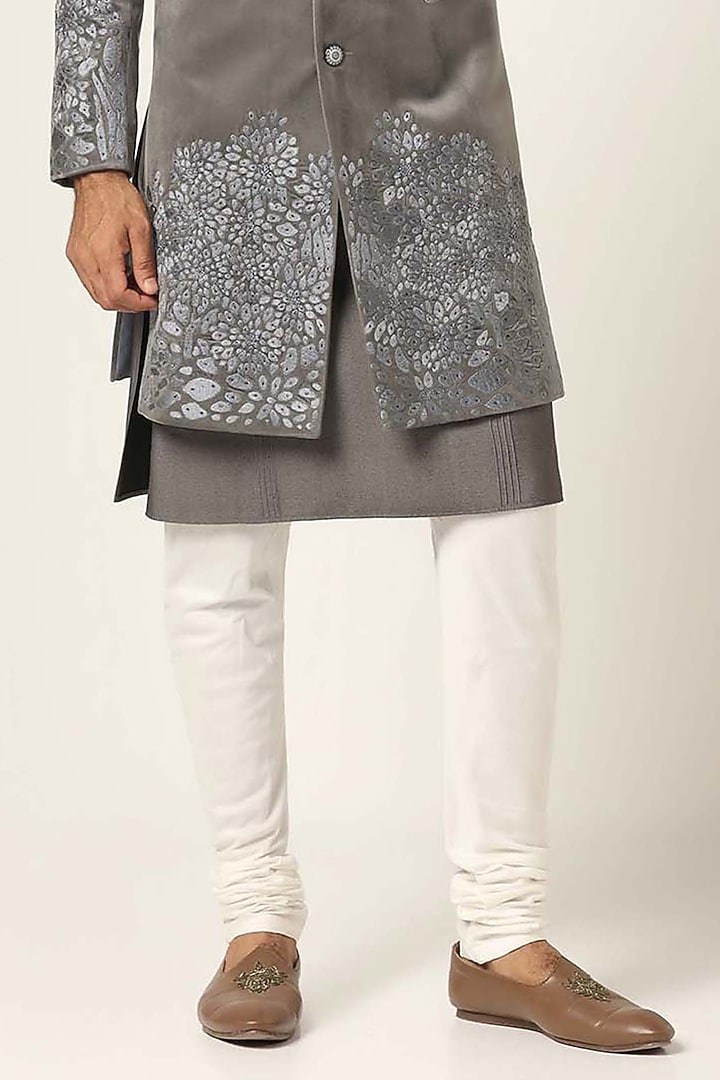 Grey Cotton Velvet Thread Embroidered Wedding Indowestern Set by BRAHAAN at Pernia's Pop Up Shop