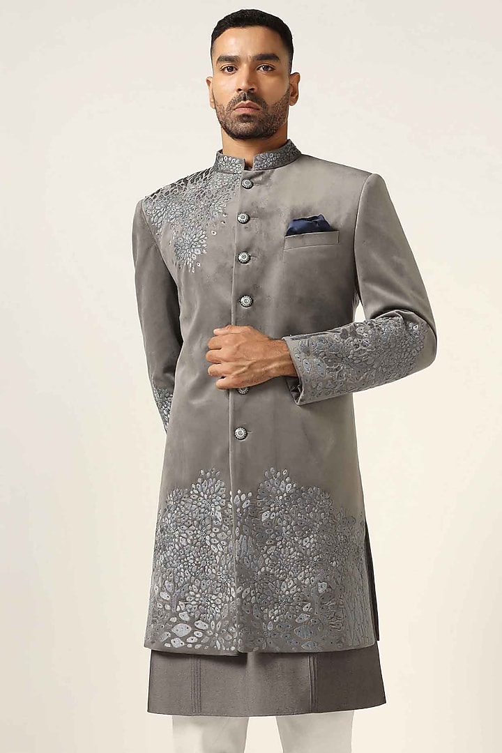 Grey Cotton Velvet Thread Embroidered Wedding Indowestern Set by BRAHAAN at Pernia's Pop Up Shop
