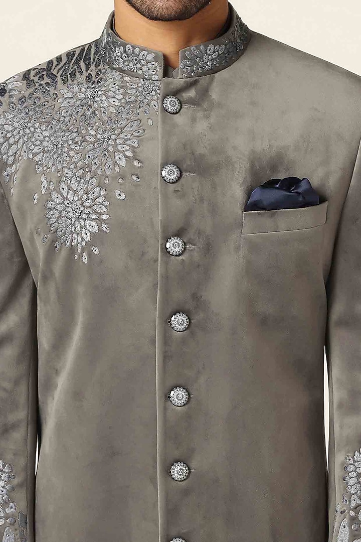 Grey Cotton Velvet Thread Embroidered Wedding Indowestern Set by BRAHAAN at Pernia's Pop Up Shop