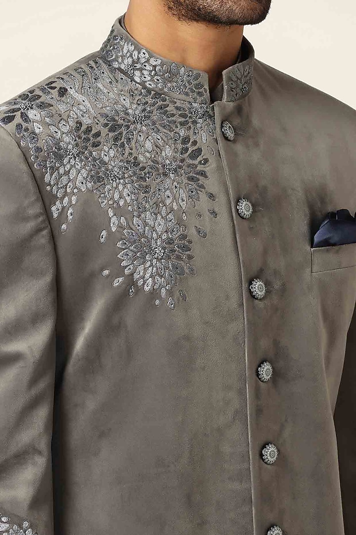 Grey Cotton Velvet Thread Embroidered Wedding Indowestern Set by BRAHAAN at Pernia's Pop Up Shop