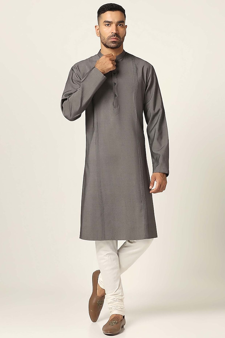 Grey Cotton Velvet Thread Embroidered Wedding Indowestern Set by BRAHAAN at Pernia's Pop Up Shop