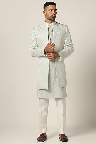 Mint Green Silk Jacquard Thread Embroidered Indowestern Set by BRAHAAN