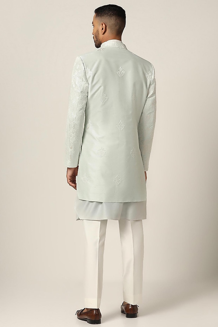 Mint Green Silk Jacquard Thread Embroidered Wedding Indowestern Set by BRAHAAN at Pernia's Pop Up Shop