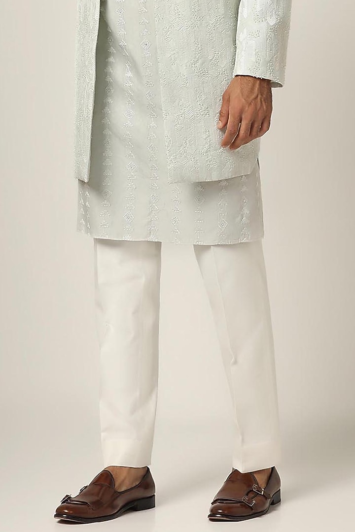 Mint Green Silk Jacquard Thread Embroidered Wedding Indowestern Set by BRAHAAN at Pernia's Pop Up Shop