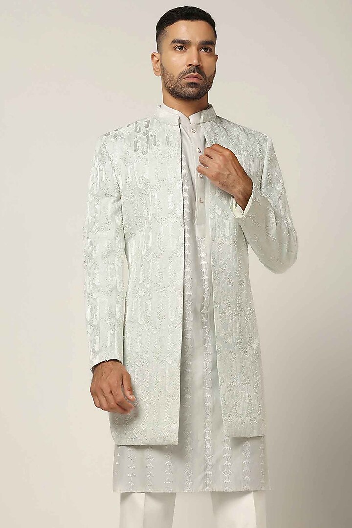 Mint Green Silk Jacquard Thread Embroidered Wedding Indowestern Set by BRAHAAN at Pernia's Pop Up Shop