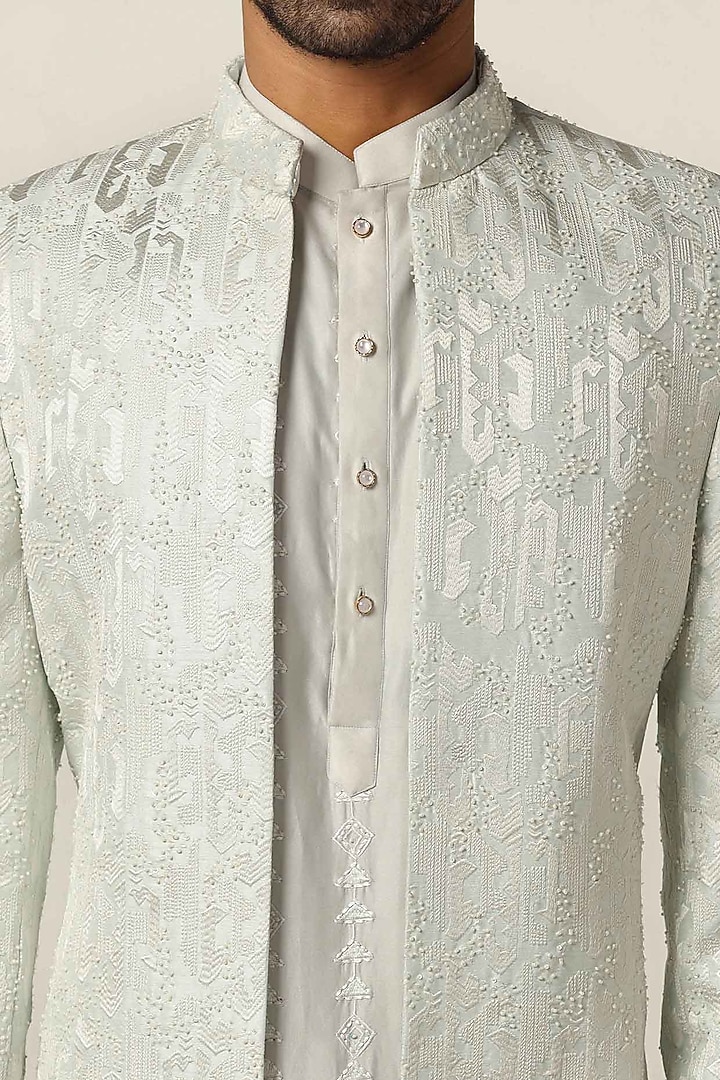Mint Green Silk Jacquard Thread Embroidered Wedding Indowestern Set by BRAHAAN at Pernia's Pop Up Shop