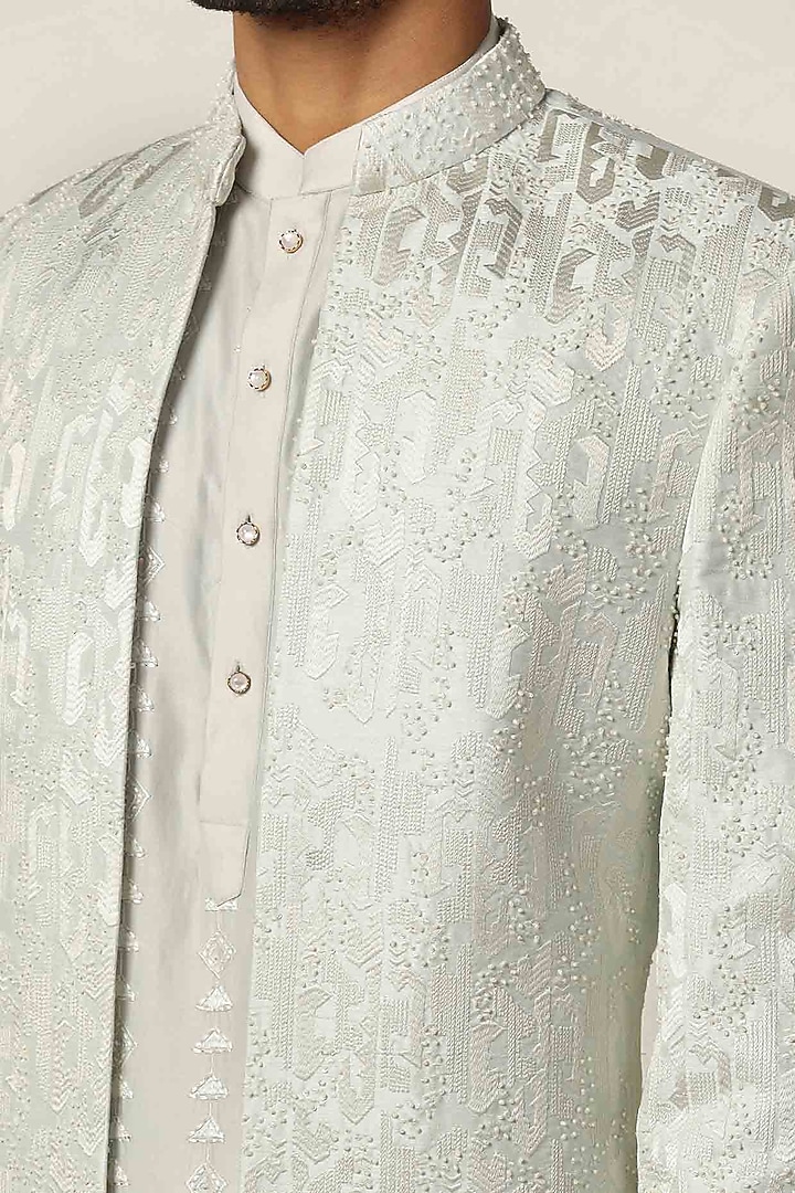 Mint Green Silk Jacquard Thread Embroidered Wedding Indowestern Set by BRAHAAN at Pernia's Pop Up Shop