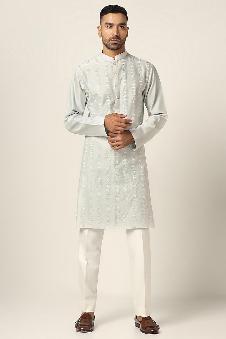 Mint Green Silk Jacquard Thread Embroidered Wedding Indowestern Set by BRAHAAN at Pernia's Pop Up Shop