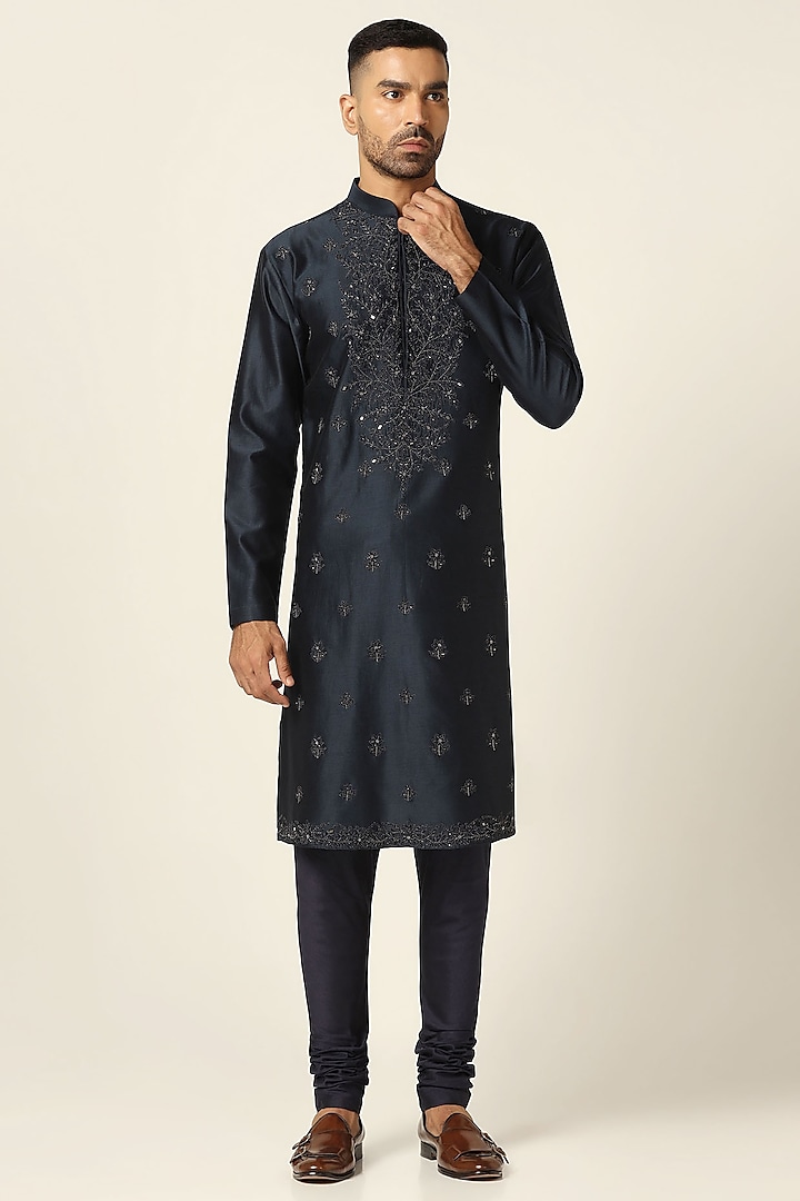 Navy Blue Silk Jacquard Thread Embroidered Indowestern Set by BRAHAAN