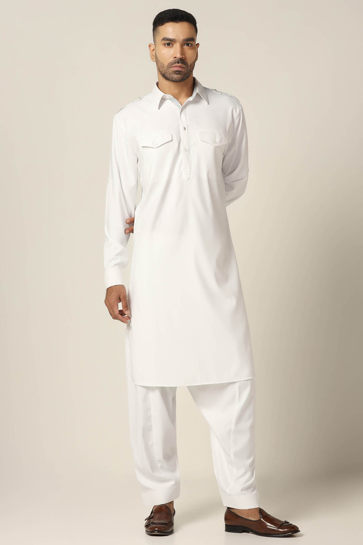 White Spun Polyester Pathani Kurta Set by BRAHAAN at Pernia's Pop Up Shop