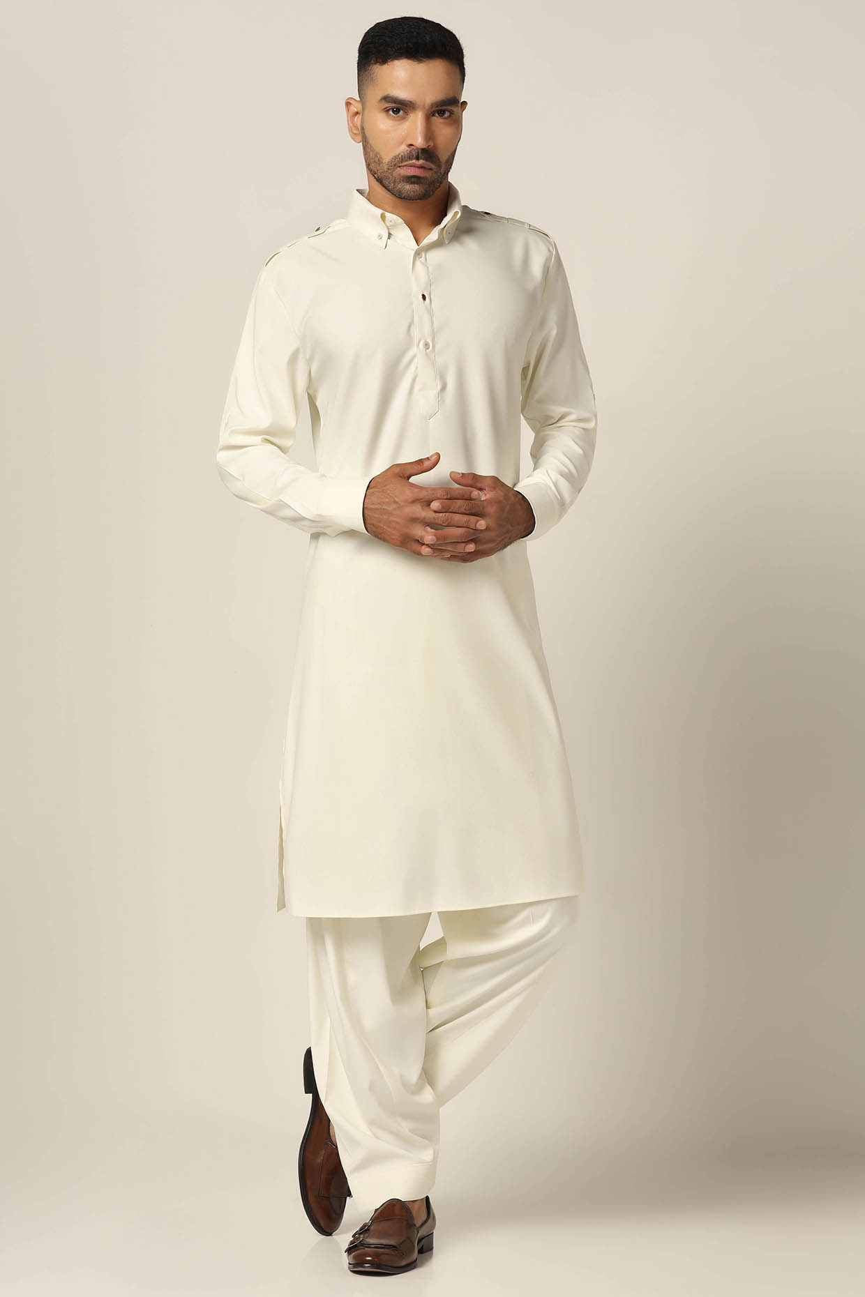 Cream Spun Polyester Pathani Kurta Set by BRAHAAN at Pernia's Pop Up Shop