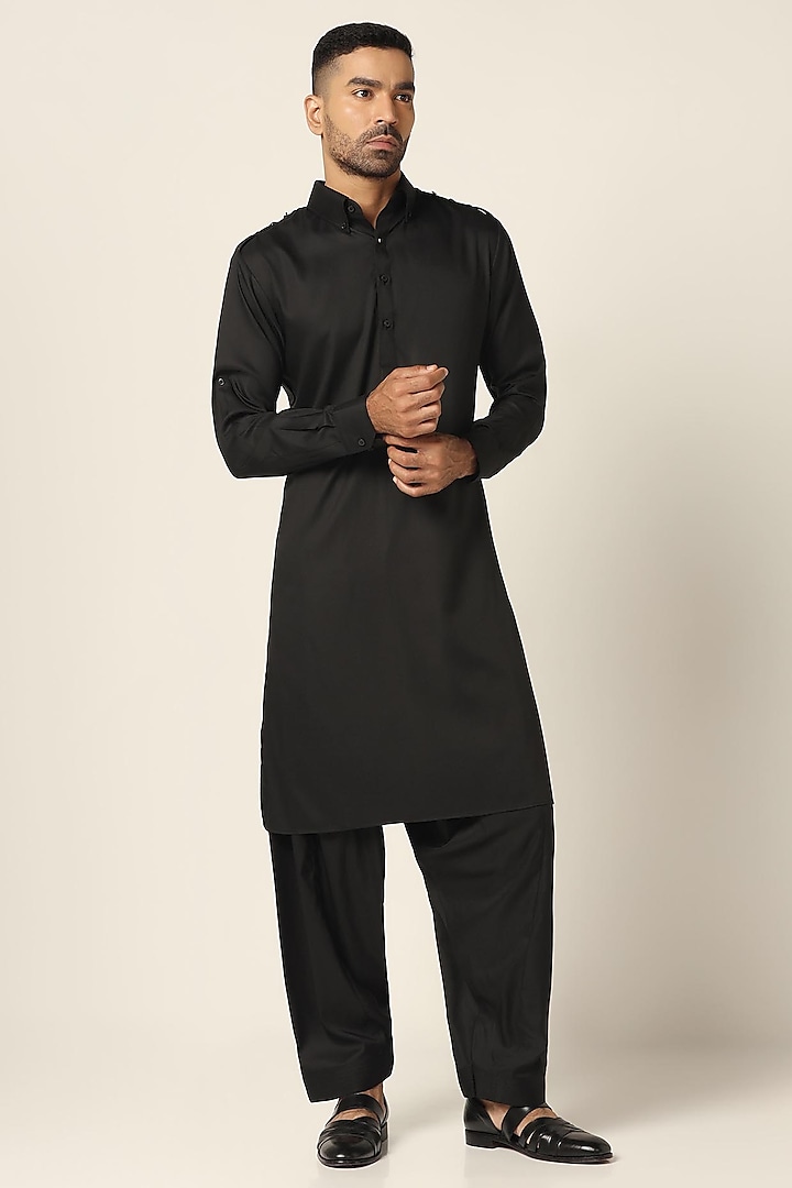 Black Spun Polyester Pathani Kurta Set Design by BRAHAAN at