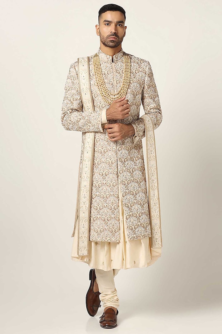 Peach Raw Silk Hand Embroidered Sherwani Set by BRAHAAN