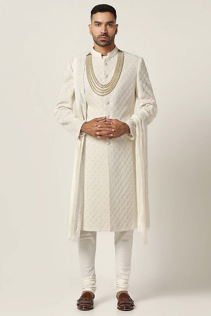 Off-White Raw Silk Floral Embroidered Sherwani Set by BRAHAAN