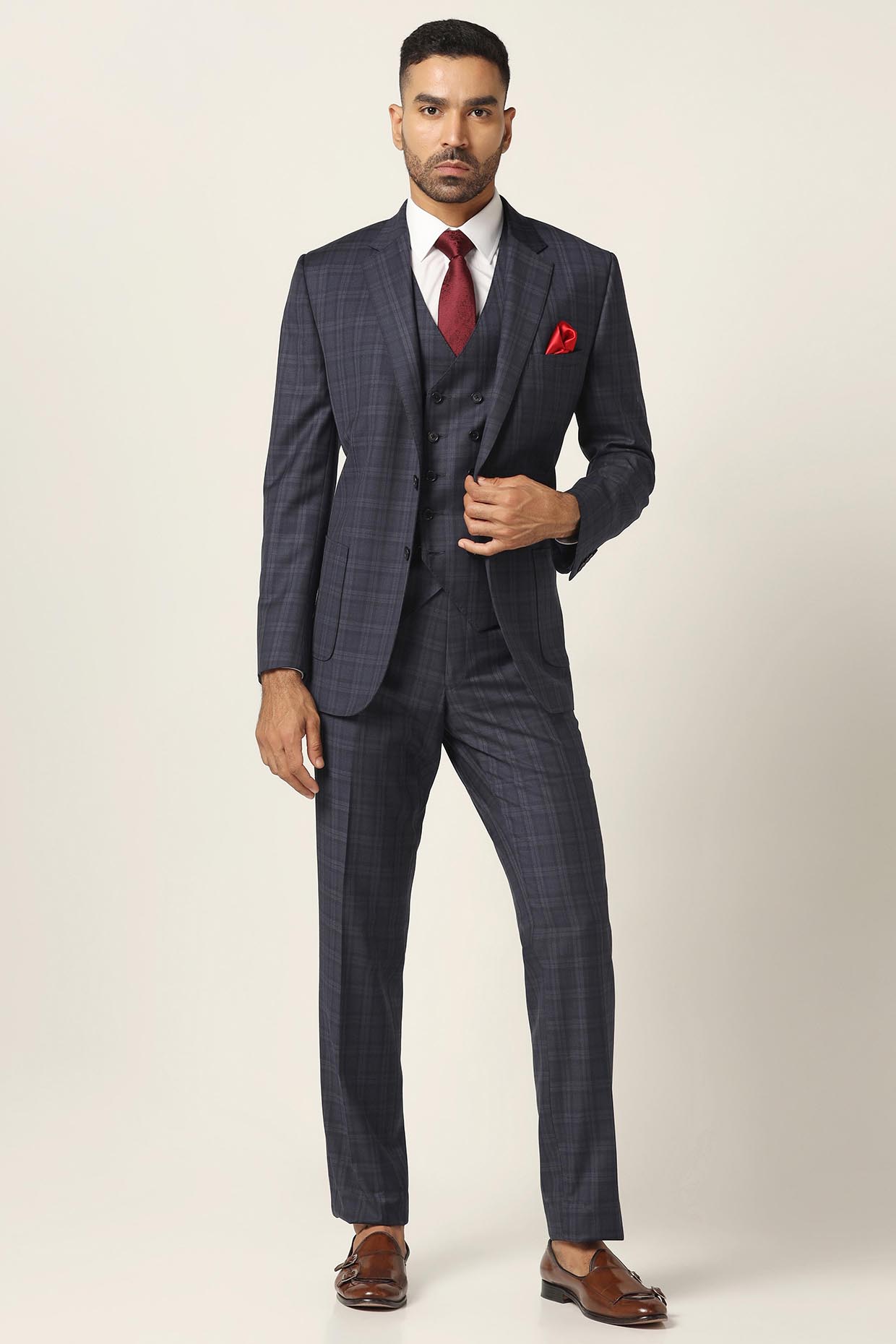 Blue Wool Fabric Checkered Blazer Set by BRAHAAN at Pernia's Pop Up Shop