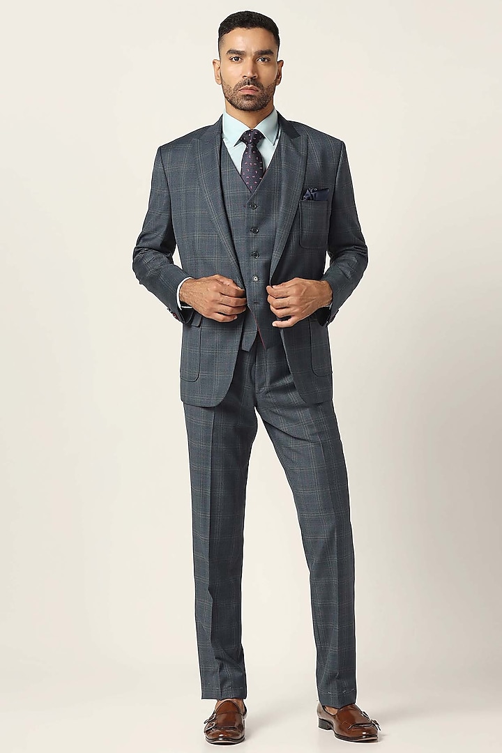 Grey Wool Fabric Checkered Blazer Set by BRAHAAN