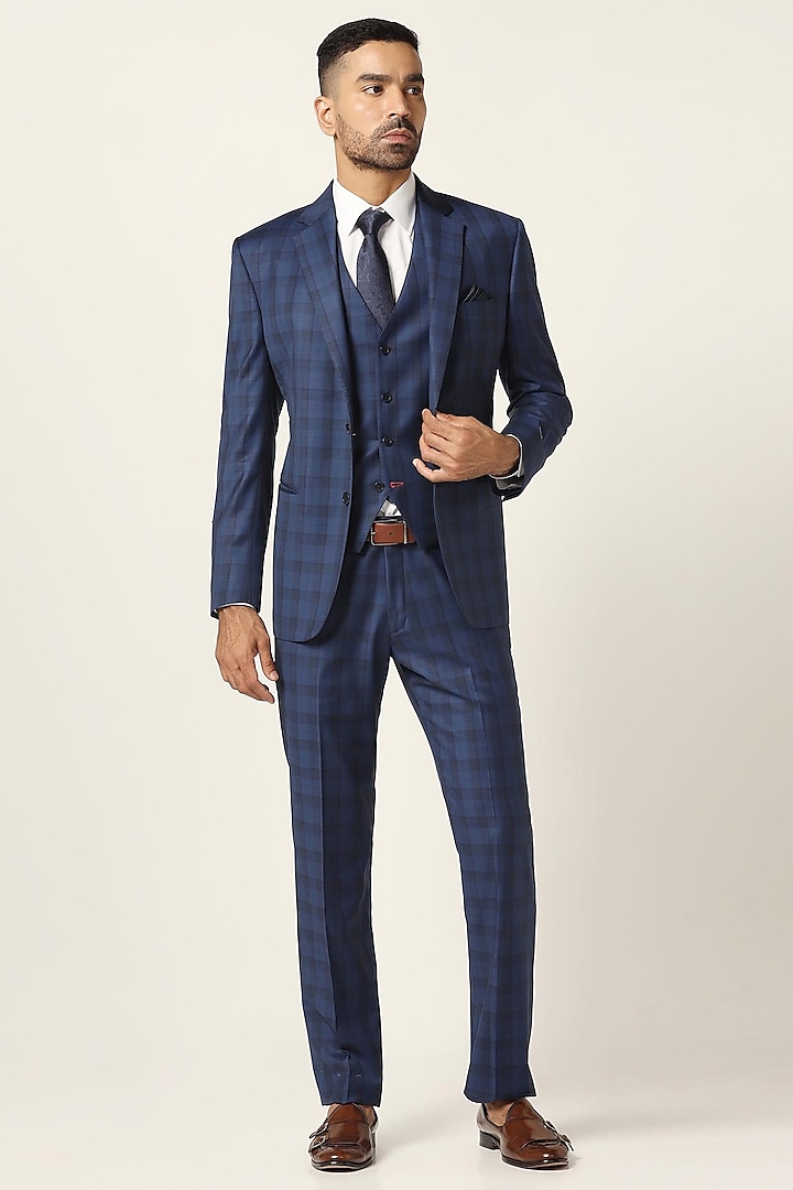 Blue Wool Fabric Checkered Blazer Set by BRAHAAN
