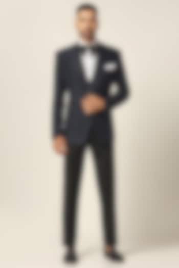 Navy Blue Silk Jacquard Fabric Metallic Embroidered Tuxedo Set by BRAHAAN at Pernia's Pop Up Shop