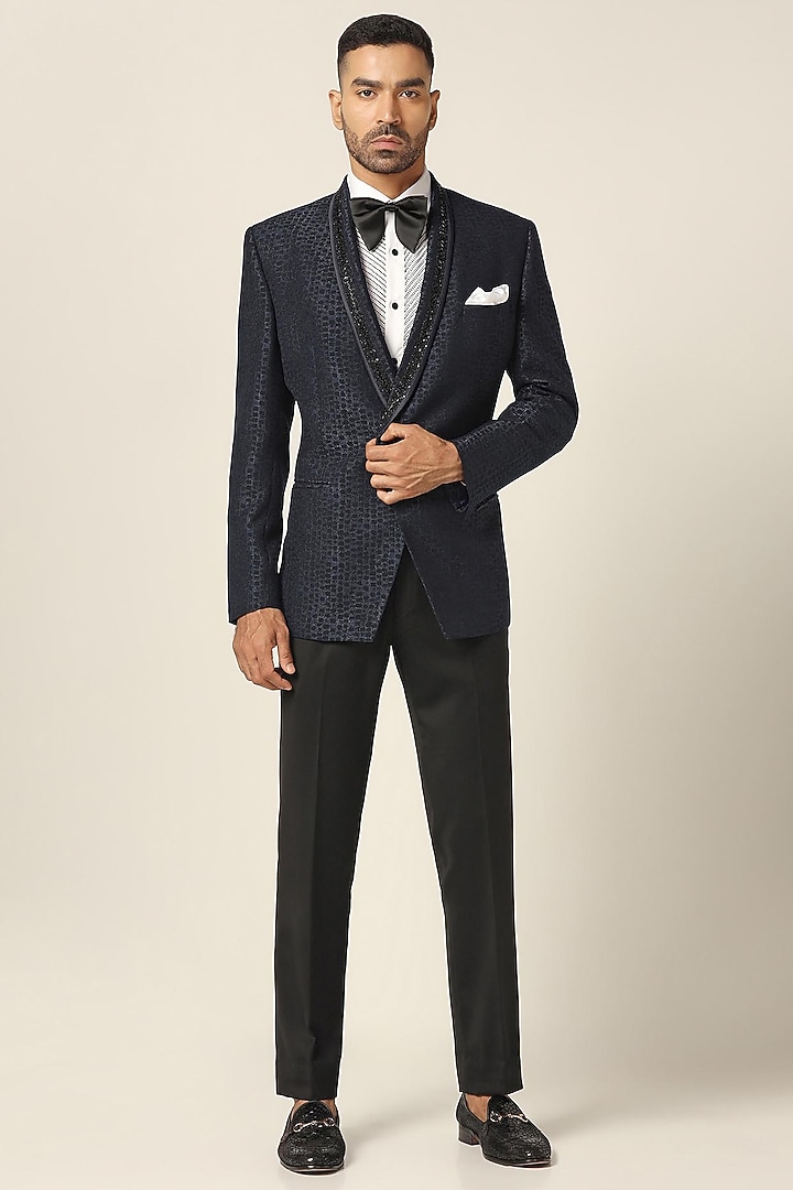 Navy Blue Silk Jacquard Fabric Metallic Embroidered Tuxedo Set by BRAHAAN at Pernia's Pop Up Shop
