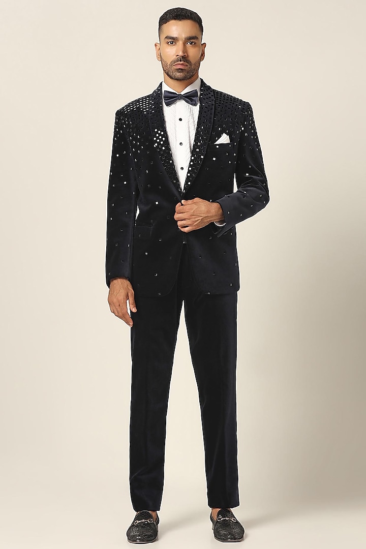 Black Cotton Velvet Mirror Embroidered Tuxedo Set by BRAHAAN