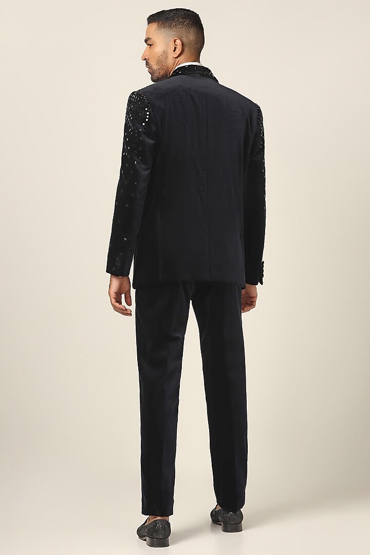 Black Cotton Velvet Mirror Embroidered Tuxedo Set by BRAHAAN at Pernia's Pop Up Shop