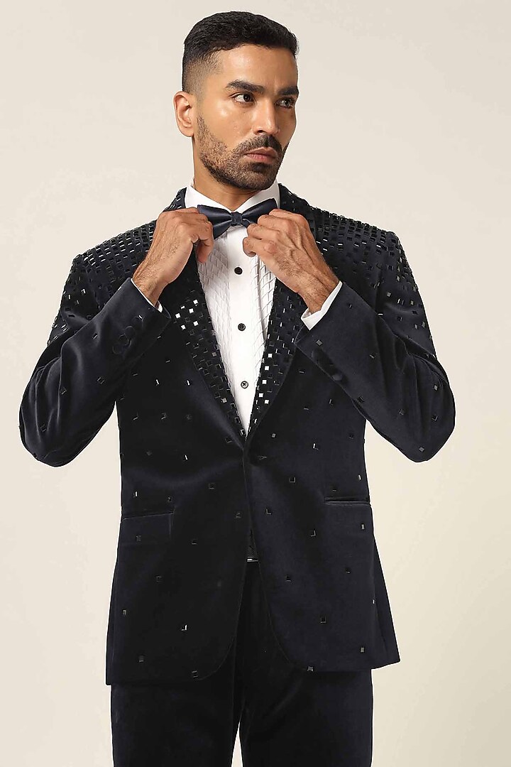 Black Cotton Velvet Mirror Embroidered Tuxedo Set by BRAHAAN at Pernia's Pop Up Shop