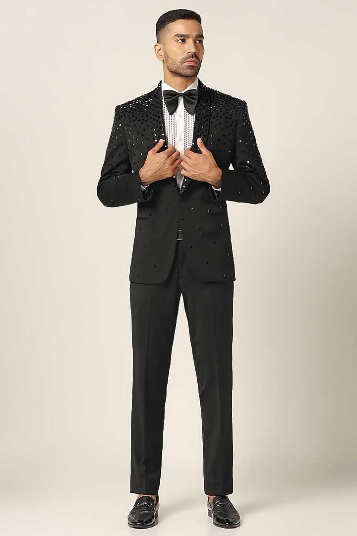 Black Wool Rich Satin Mirror Embroidered Tuxedo Set by BRAHAAN