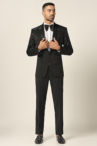 Black Wool Rich Satin Mirror Embroidered Tuxedo Set by BRAHAAN