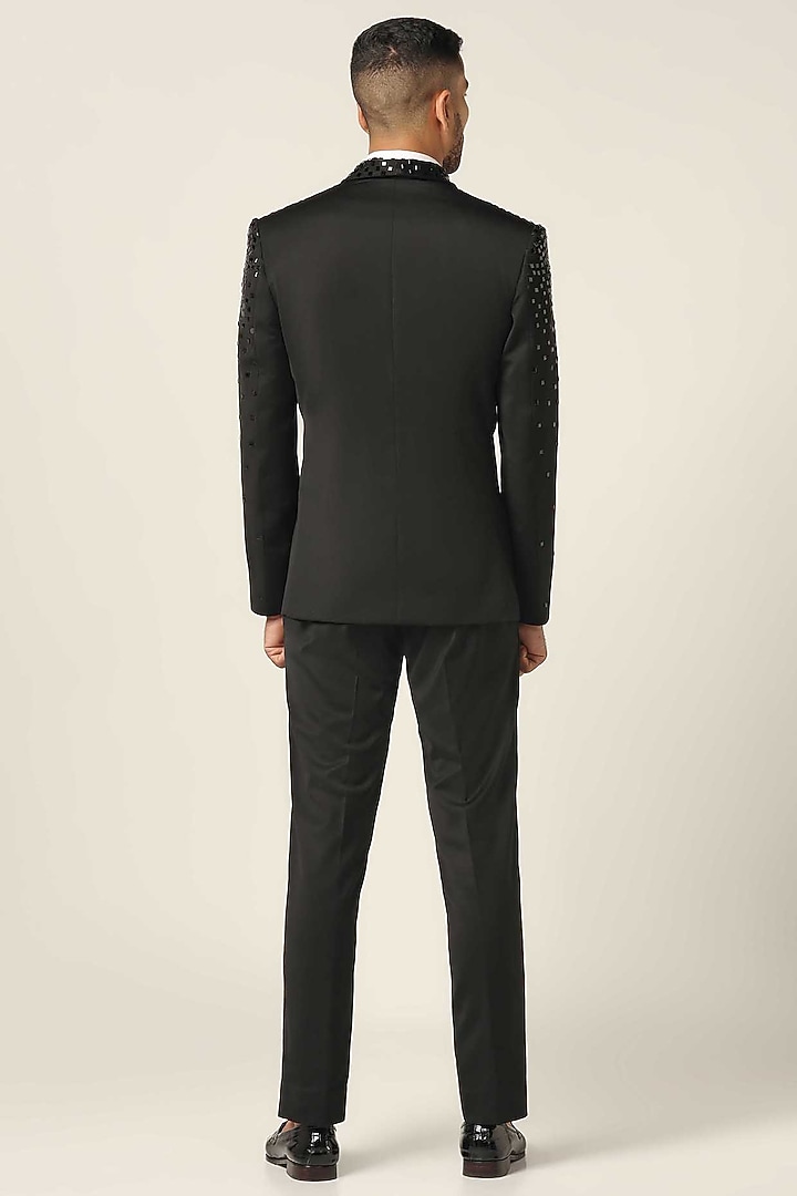 Black Wool Rich Satin Mirror Embroidered Tuxedo Set by BRAHAAN at Pernia's Pop Up Shop