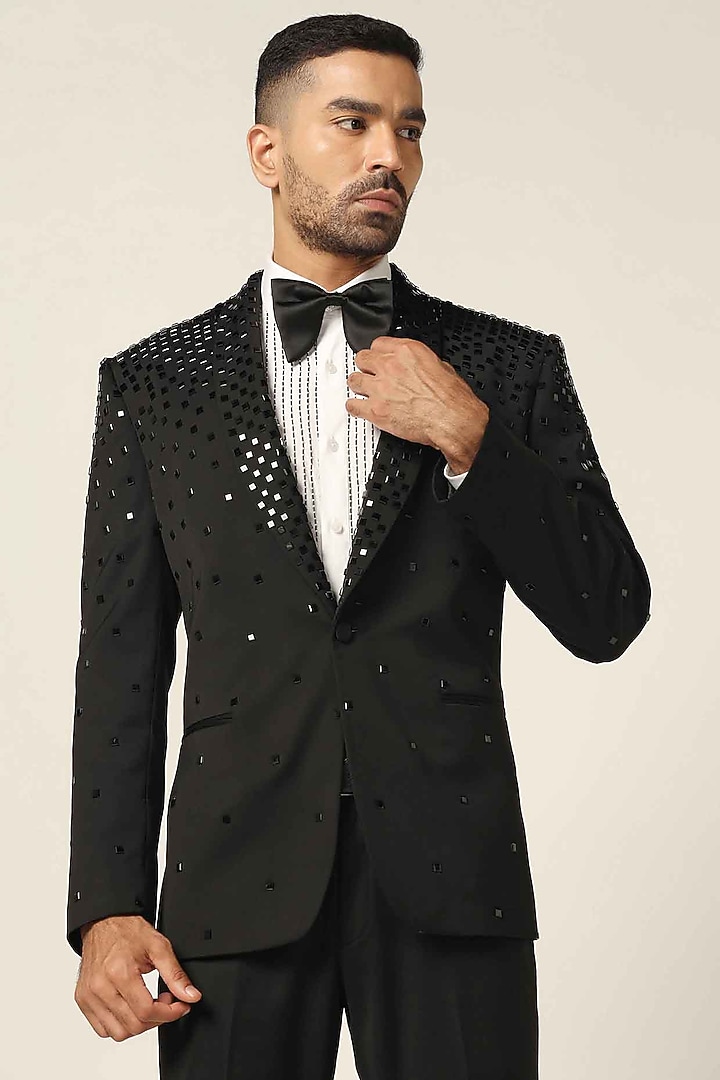 Black Wool Rich Satin Mirror Embroidered Tuxedo Set by BRAHAAN at Pernia's Pop Up Shop