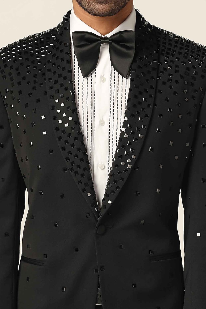 Black Wool Rich Satin Mirror Embroidered Tuxedo Set by BRAHAAN at Pernia's Pop Up Shop