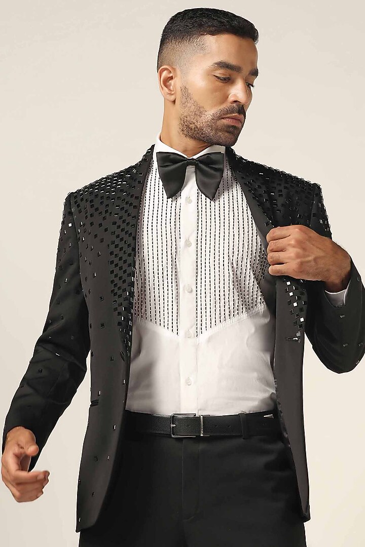 Black Wool Rich Satin Mirror Embroidered Tuxedo Set by BRAHAAN at Pernia's Pop Up Shop