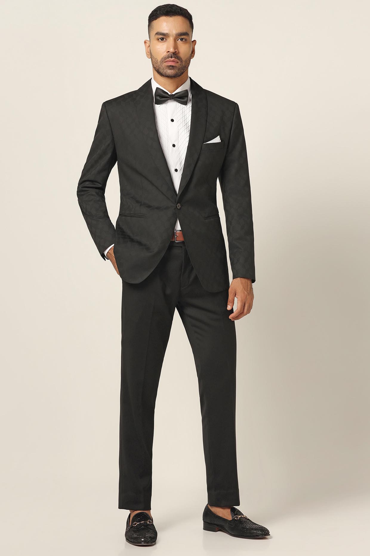 Black Wool Jacquard Tuxedo Set by BRAHAAN at Pernia's Pop Up Shop