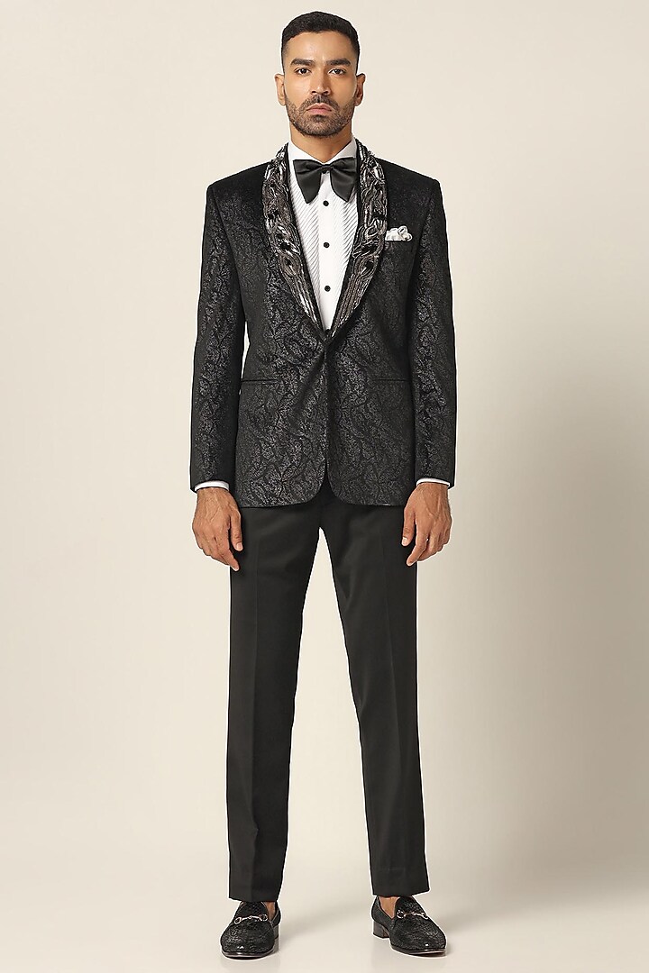 Black Jacquard Metallic Embroidered Tuxedo Set by BRAHAAN at Pernia's Pop Up Shop