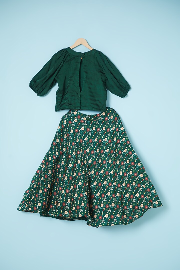 Bottle Green Satin & Silk Printed Lehenga Set For Girls by Brat N Pret at Pernia's Pop Up Shop