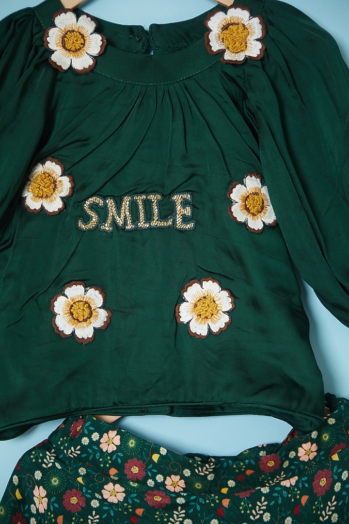 Bottle Green Satin & Silk Printed Lehenga Set For Girls by Brat N Pret at Pernia's Pop Up Shop