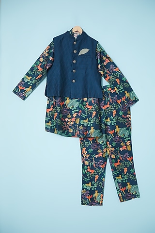 Blue Cotton Silk Bundi Jacket With Kurta Set For Boys by Brat N Pret
