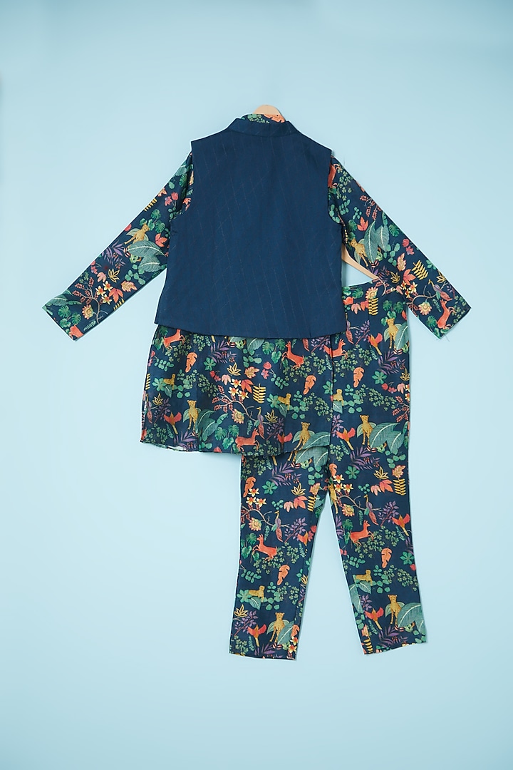 Blue Cotton Silk Bundi Jacket With Kurta Set For Boys by Brat N Pret at Pernia's Pop Up Shop