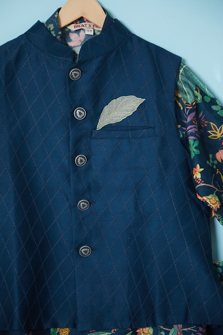 Blue Cotton Silk Bundi Jacket With Kurta Set For Boys by Brat N Pret at Pernia's Pop Up Shop