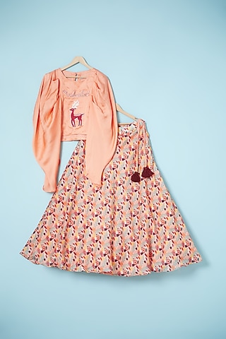 Pinkish Peach Silk Printed Lehenga Set For Girls by Brat N Pret