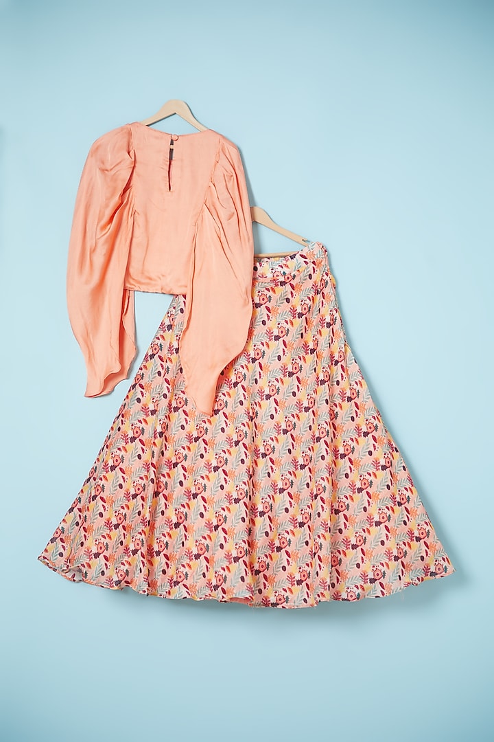Pinkish Peach Silk Printed Lehenga Set For Girls by Brat N Pret at Pernia's Pop Up Shop