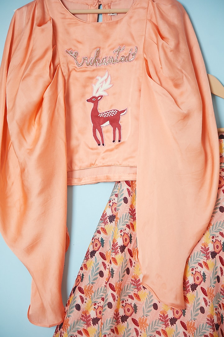 Pinkish Peach Silk Printed Lehenga Set For Girls by Brat N Pret at Pernia's Pop Up Shop