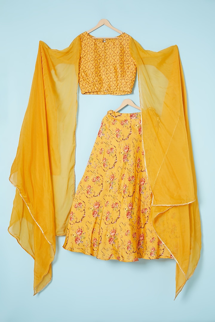 Yellow Silk Printed Lehenga Set For Girls by Brat N Pret