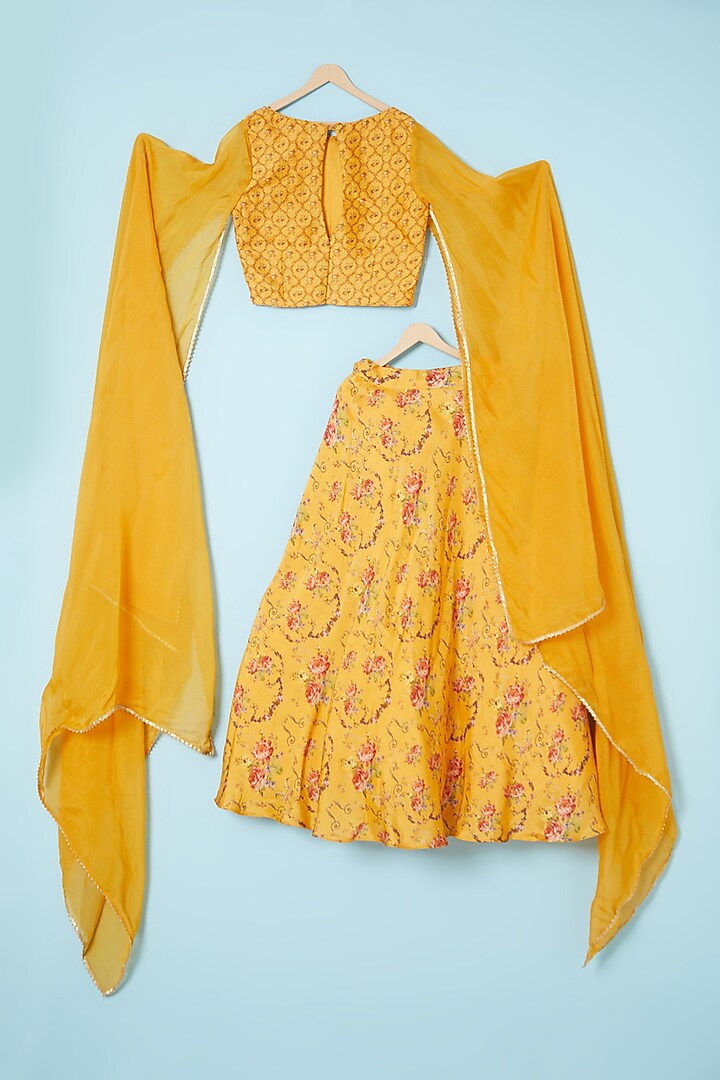 Yellow Silk Printed Lehenga Set For Girls by Brat N Pret at Pernia's Pop Up Shop