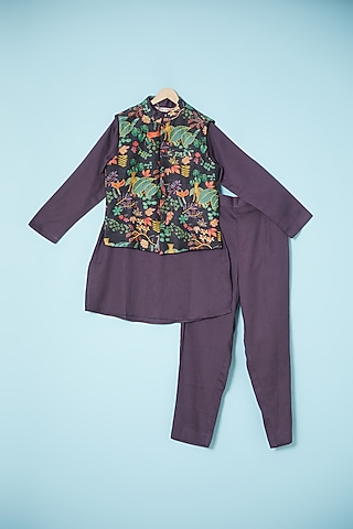 Dark Purple Silk Printed Bundi Jacket With Kurta Set For Boys by Brat N Pret