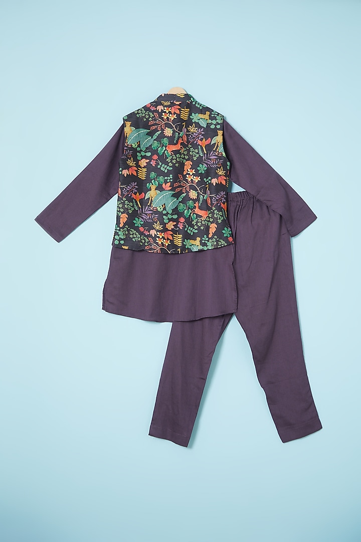 Dark Purple Silk Printed Bundi Jacket With Kurta Set For Boys by Brat N Pret at Pernia's Pop Up Shop