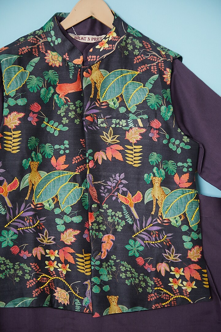 Dark Purple Silk Printed Bundi Jacket With Kurta Set For Boys by Brat N Pret at Pernia's Pop Up Shop